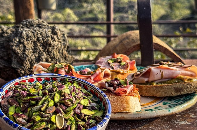Bronte Pistachio Farm Tour and Lunch with Farmer - The pistachio lunch: bruschetta, pasta, meat, and dessert